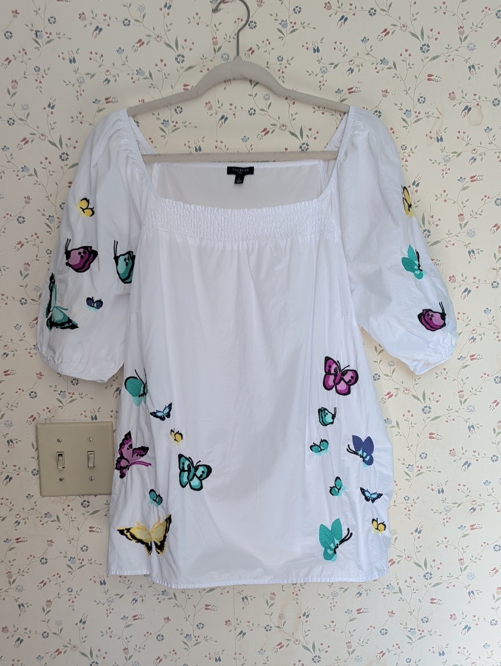 Talbots Blouse White Cotton Butterfly-Print Puff Sleeve XL Timeless Classic Chic